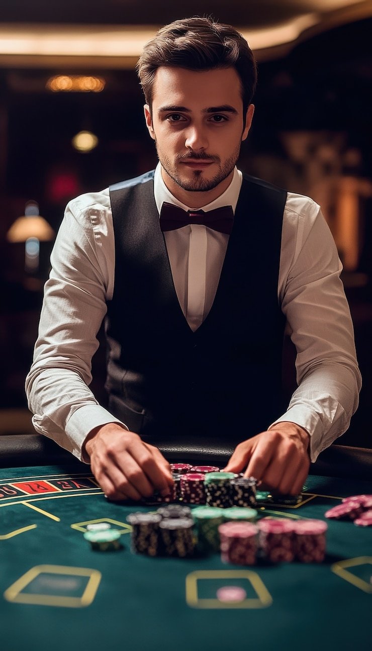 Studio Caribbean Stud Poker aladinslot dengan dealer profesional, kartu fisik, dan kamera multi-sudut yang menampilkan permainan secara real-time